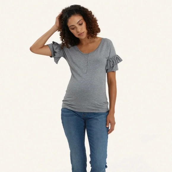 NWOT Women’s Nom Maternity - Grey and Ruffled Maria Nursing top. Size Medium. - Picture 2 of 16